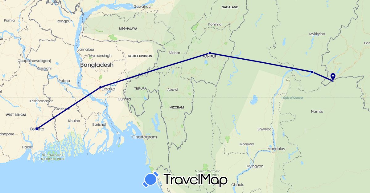 TravelMap itinerary: driving in Bangladesh, India, Myanmar (Burma) (Asia)